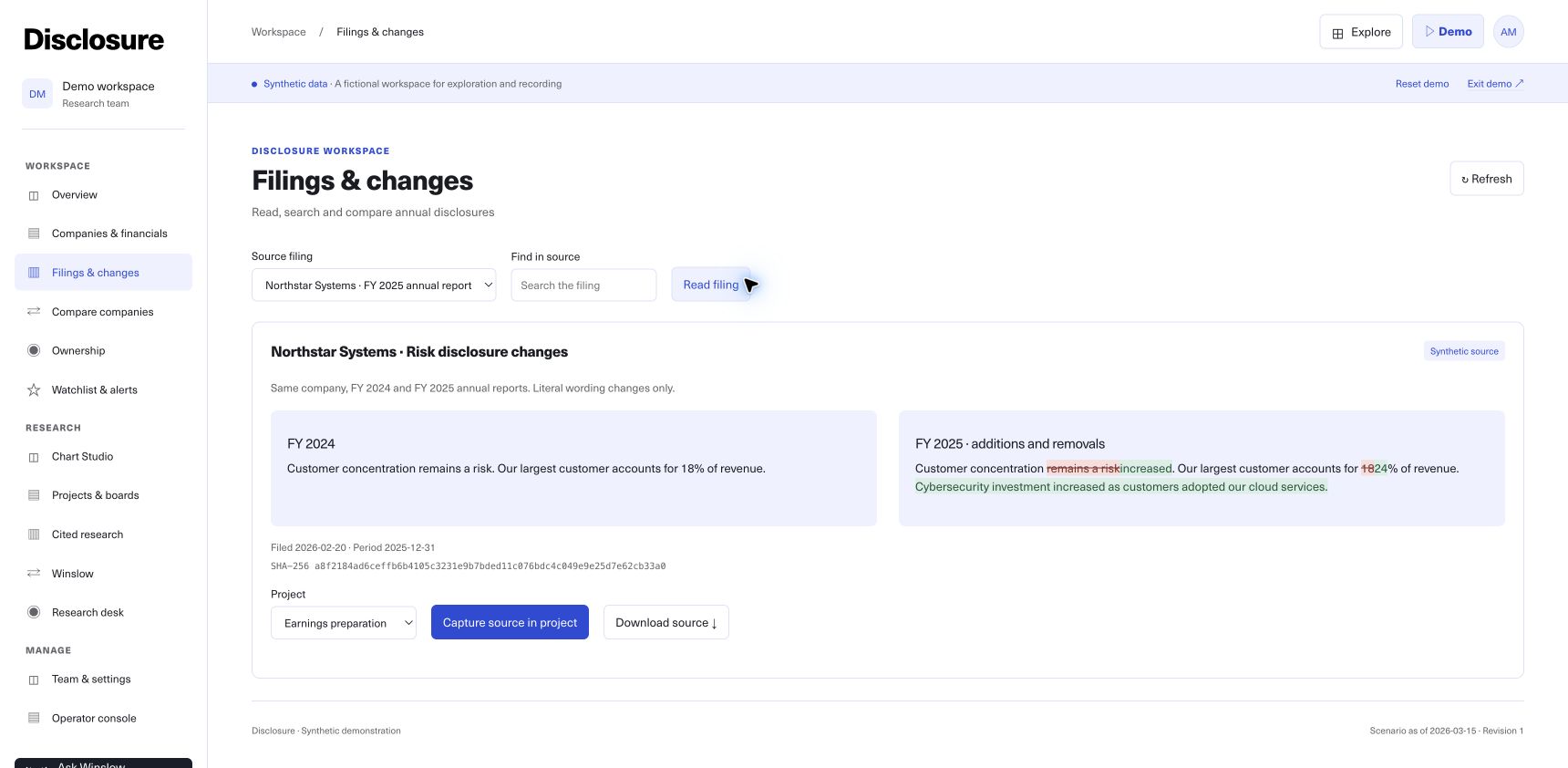 The Disclosure demo comparing Northstar Systems risk disclosures for FY 2024 and FY 2025.
