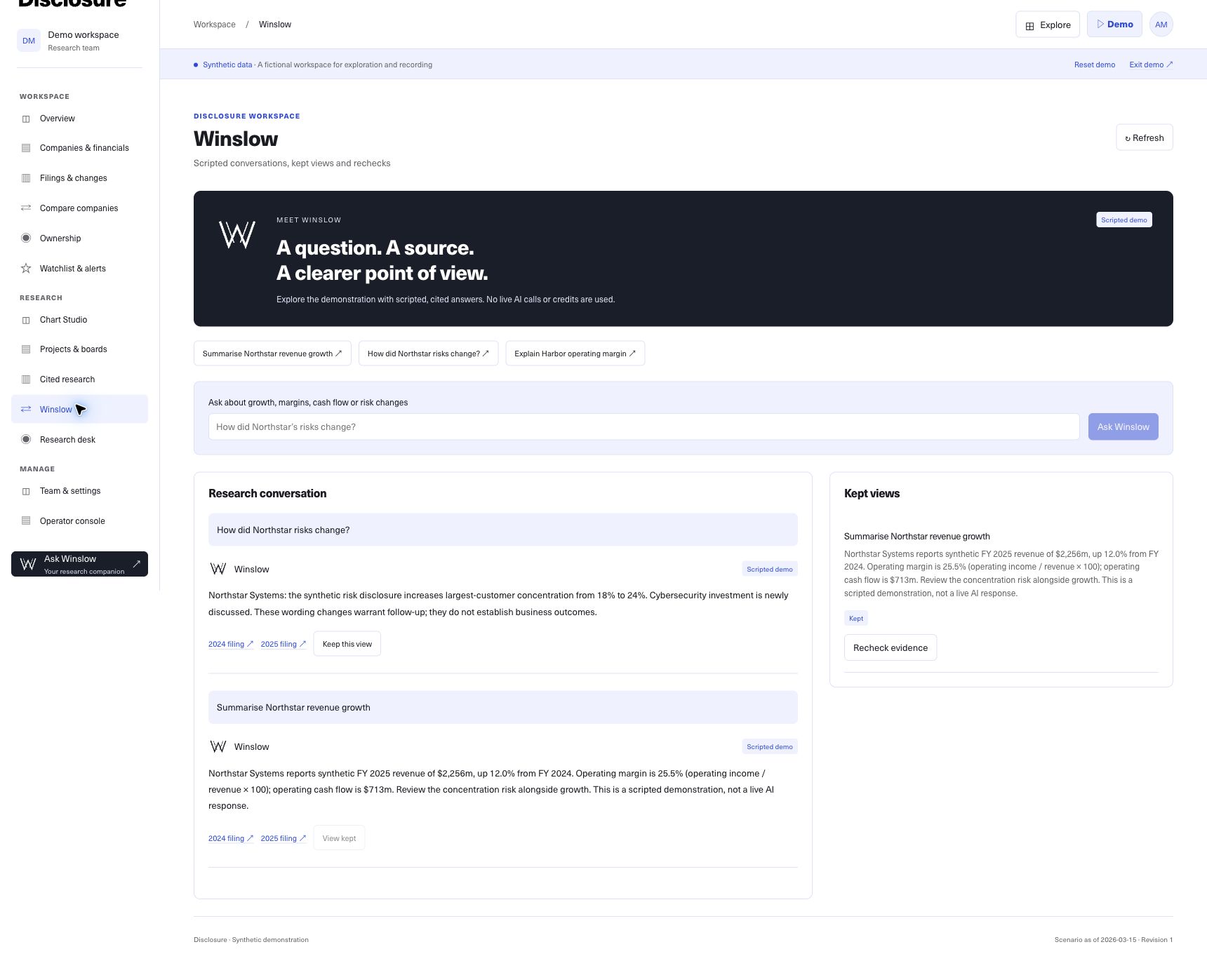 Winslow in the customer portal demo, showing cited conversations and a kept research view.